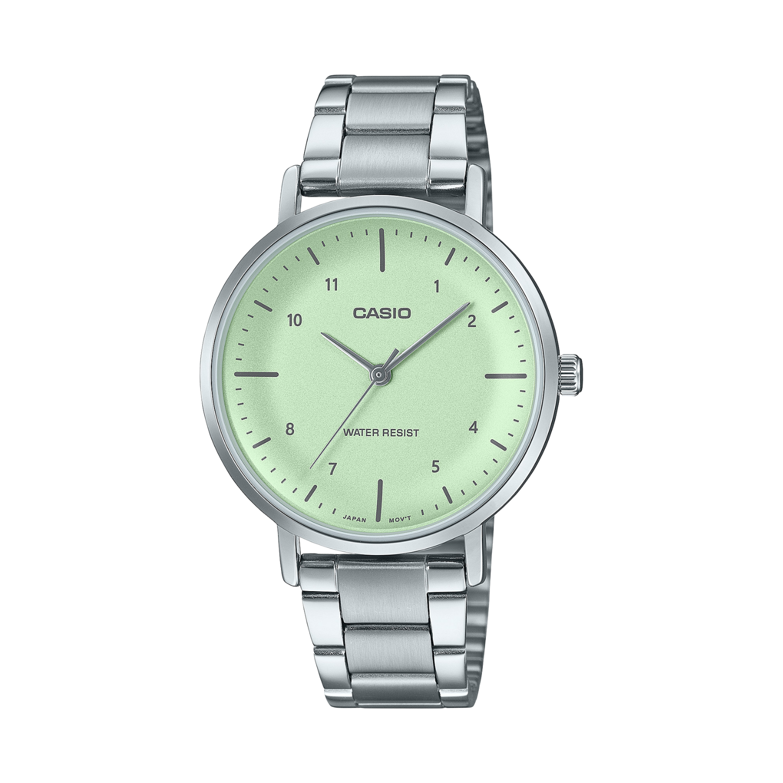Casio watch with silver strap and light green face on a white background