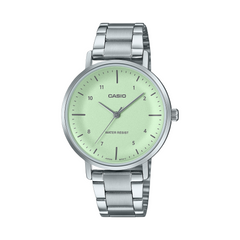 Casio watch with silver strap and light green face on a white background