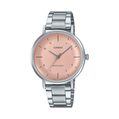 Casio watch with pink dial and silver metal strap on a white background