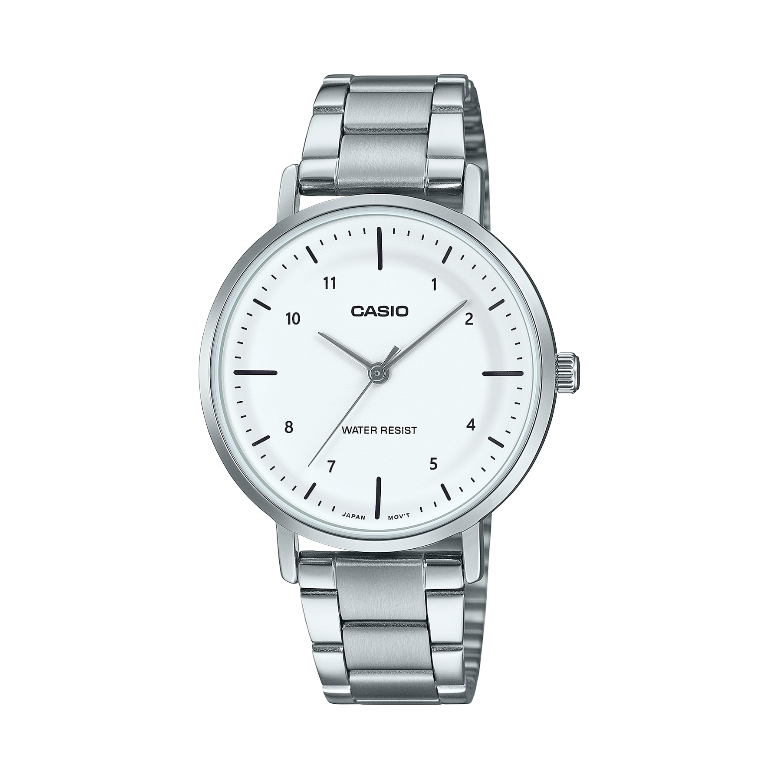 Silver Casio watch with a white face on a white background