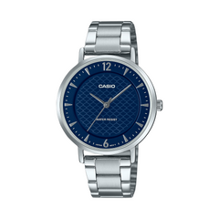 Casio watch with blue dial and silver metal strap on a white background