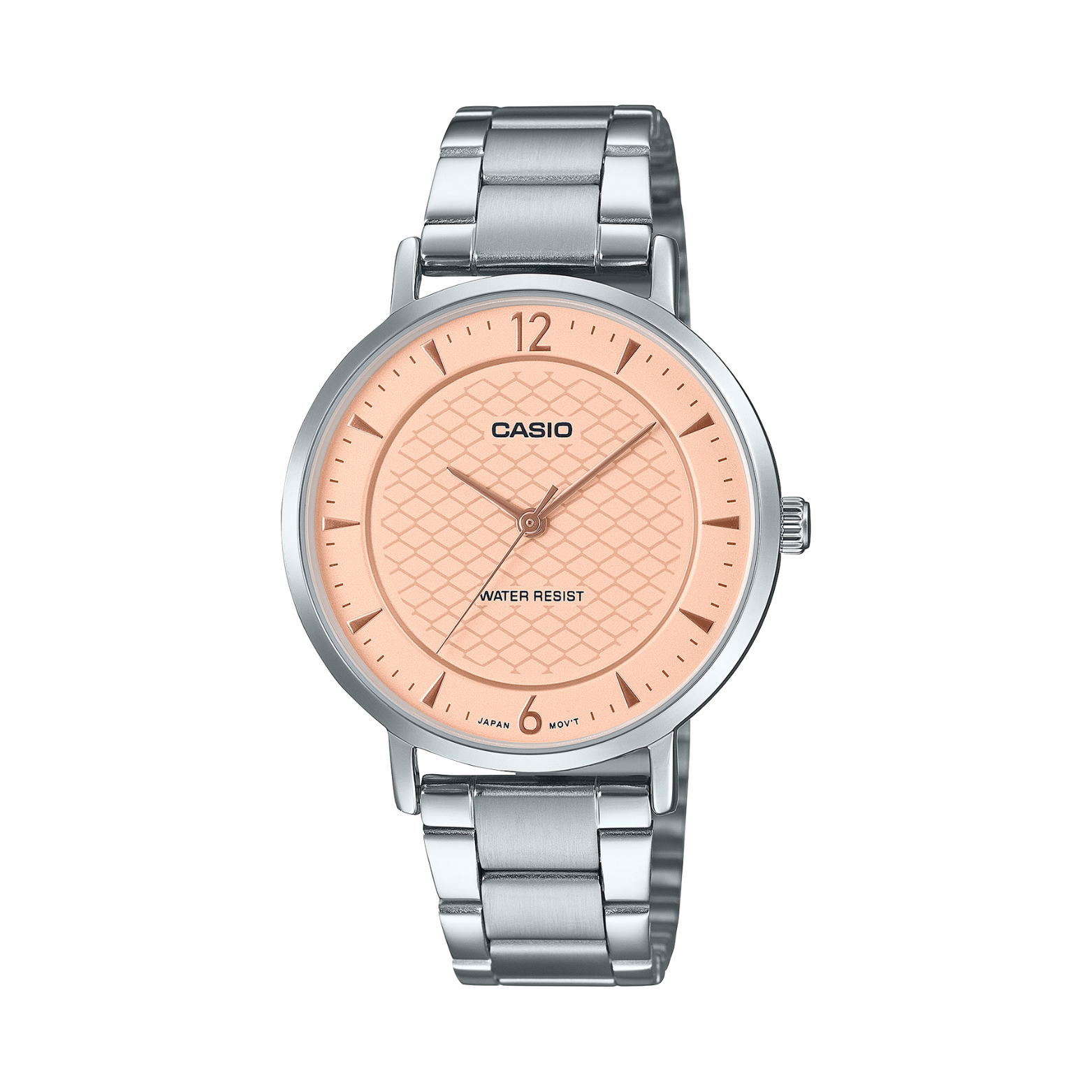 Casio watch with pink dial and silver metal strap on a white background