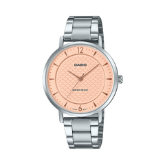 Casio watch with pink dial and silver metal strap on a white background
