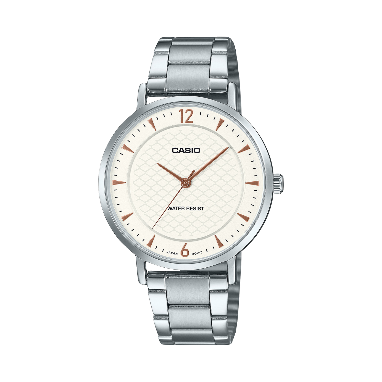 Casio watch with silver metal strap on a white background