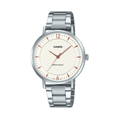 Casio watch with silver metal strap on a white background