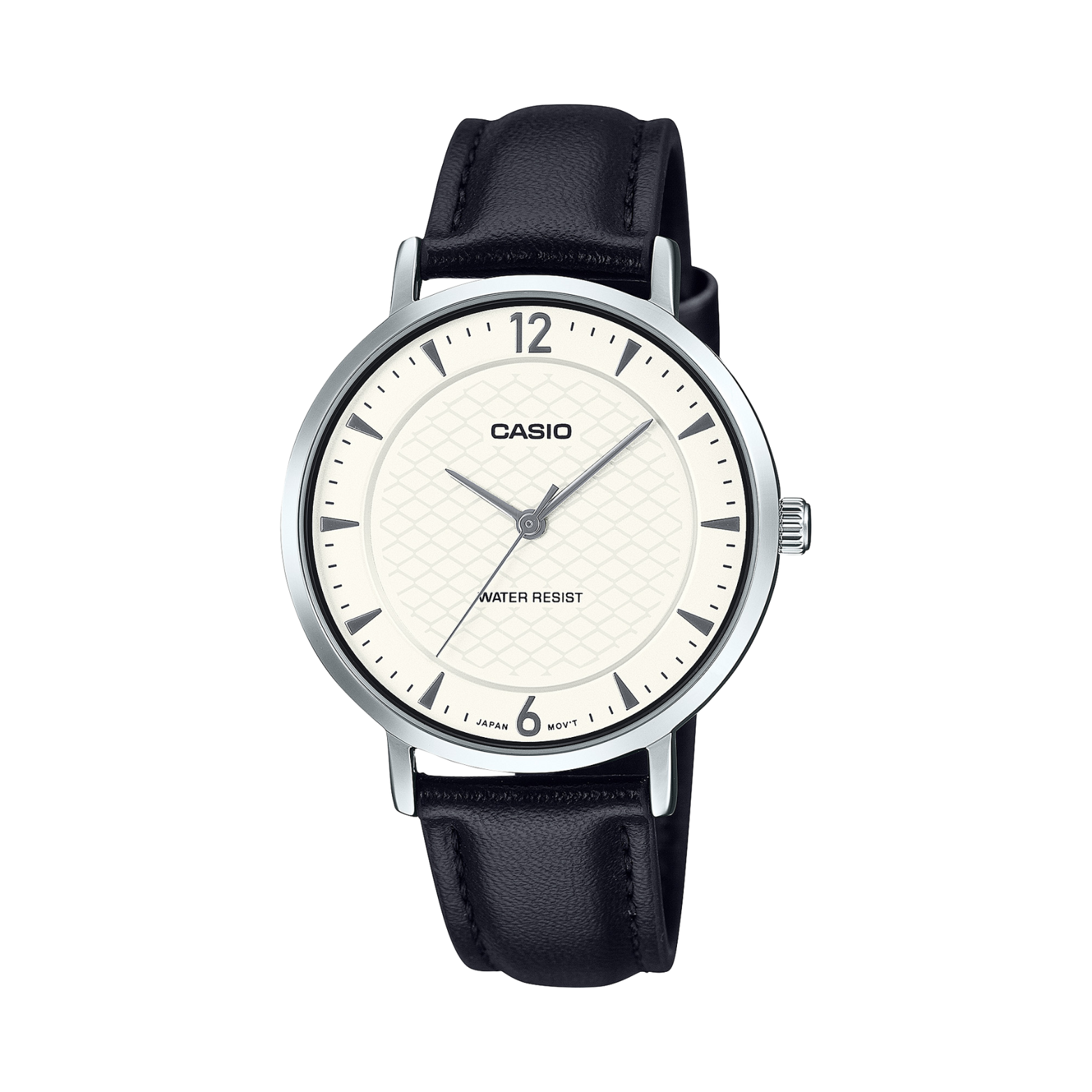 Casio watch with black leather strap on a white background