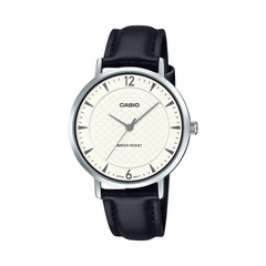Casio watch with black leather strap on a white background