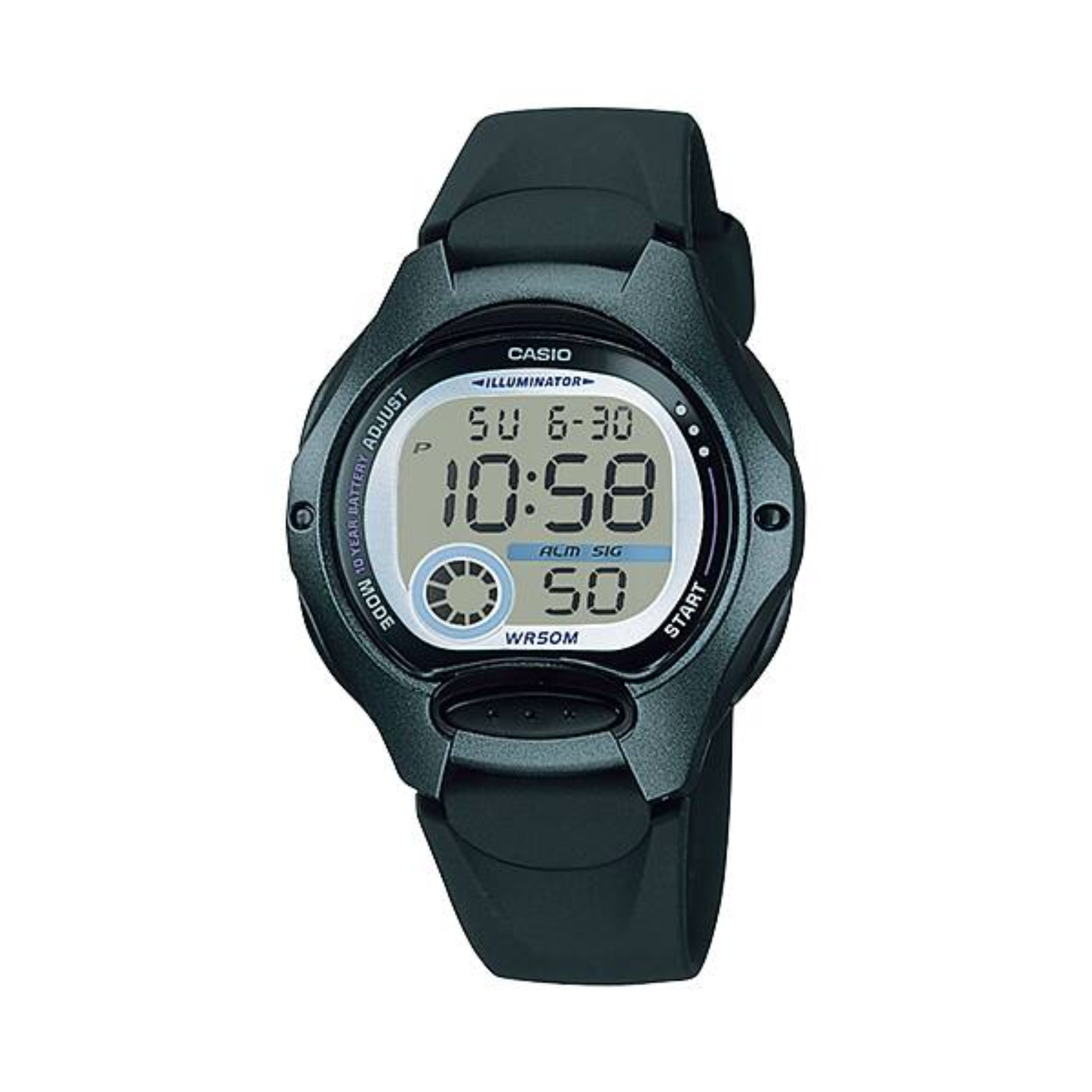 Black Casio digital watch on a white background