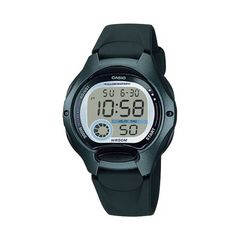 Black Casio digital watch on a white background