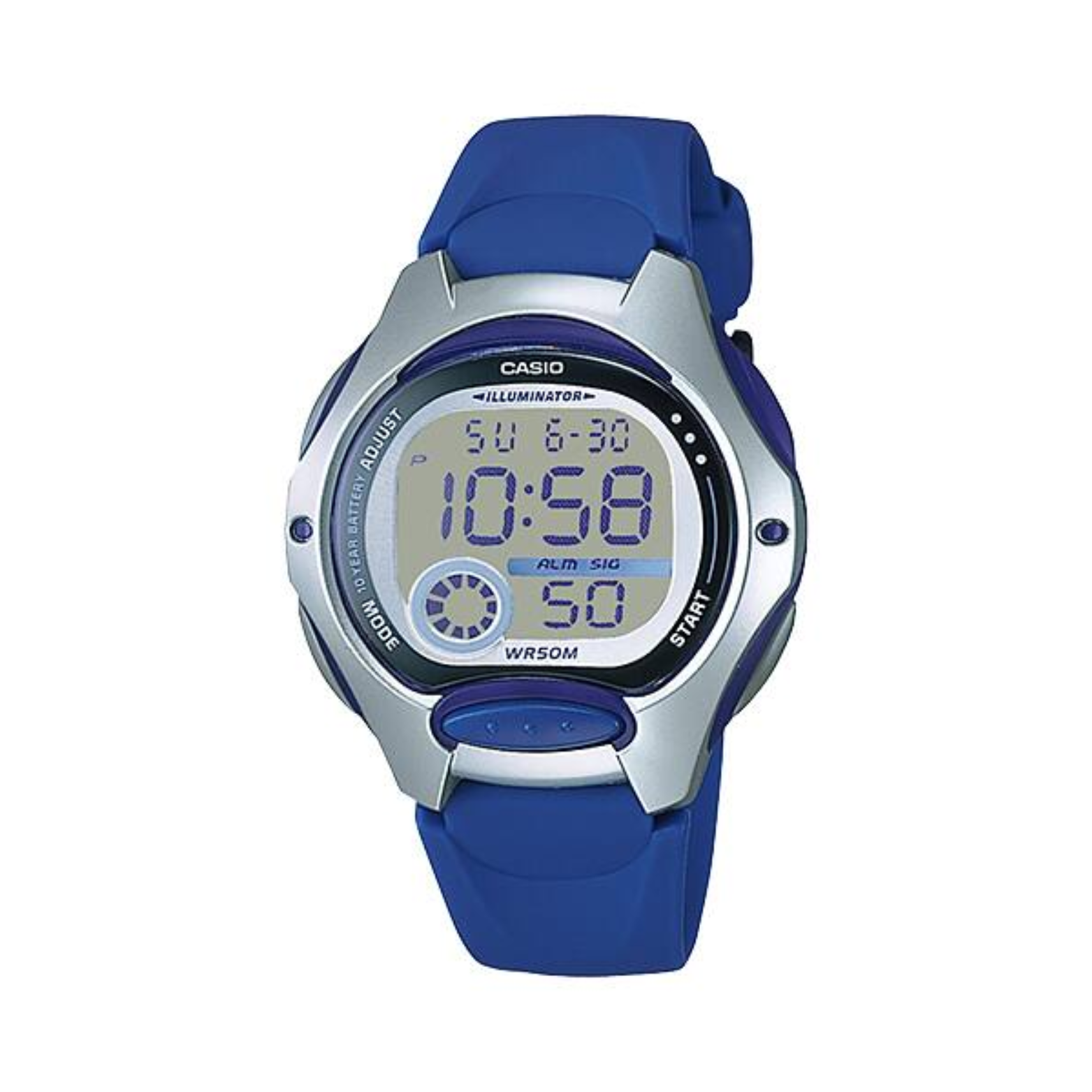 Digital watch with blue strap on a white background