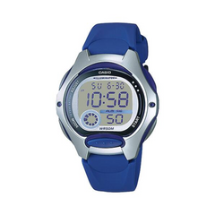 Digital watch with blue strap on a white background
