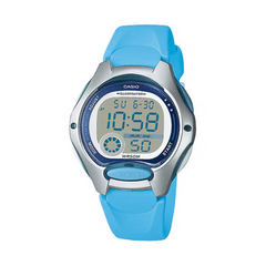 Digital watch with blue strap on a white background