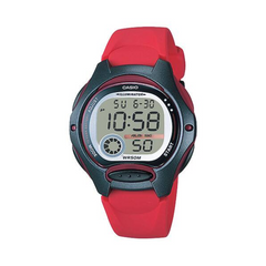 Digital watch with a red strap on a white background