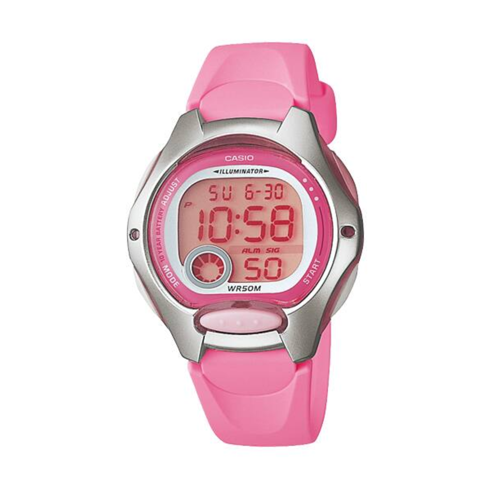 Pink digital watch with a white background