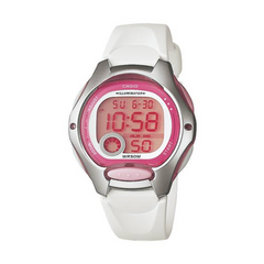 Digital watch with pink face and white strap on a white background