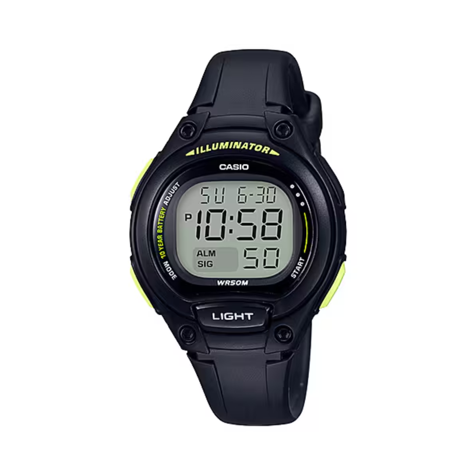 Black Casio digital watch with digital display on a white background