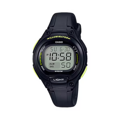 Black Casio digital watch with digital display on a white background