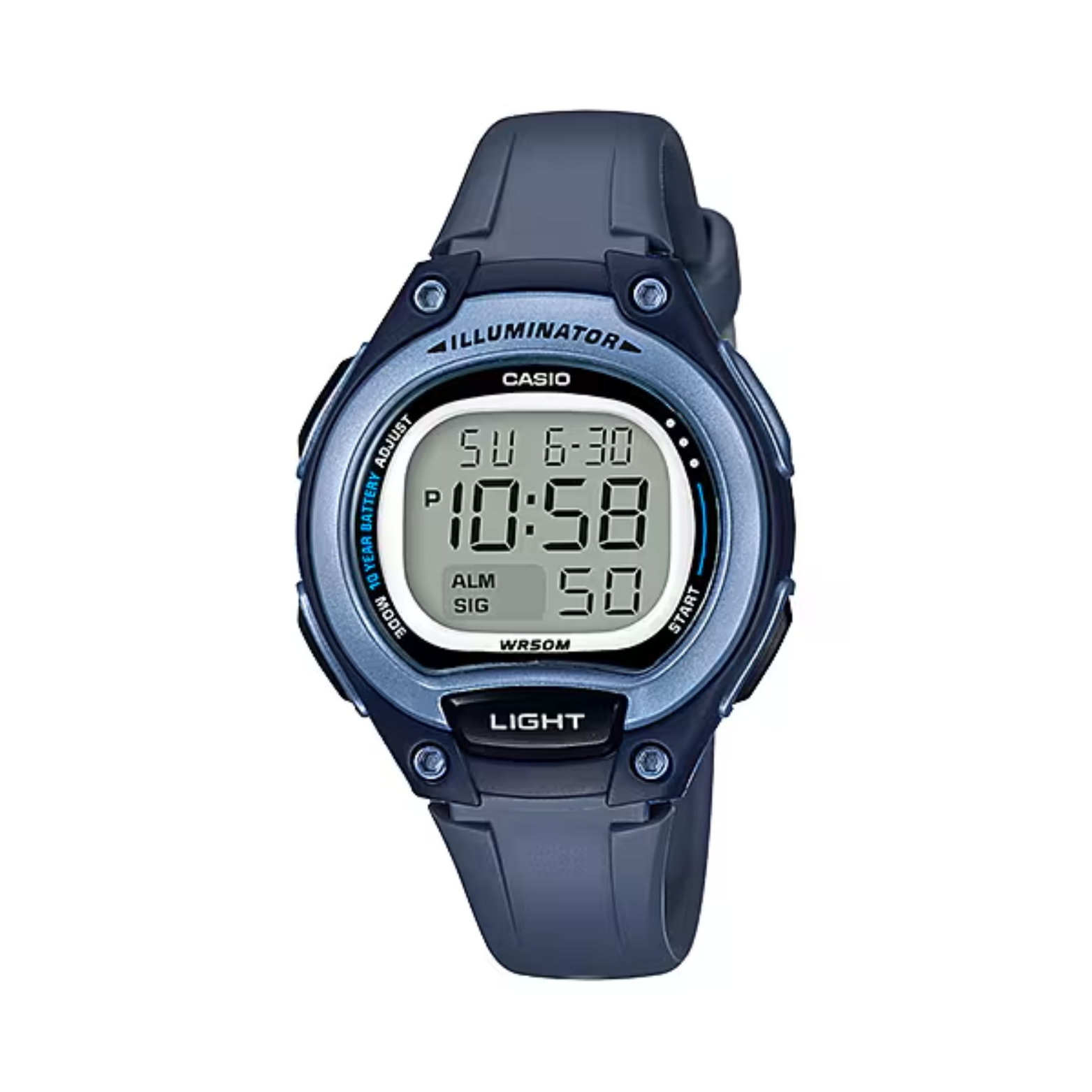 Blue Casio digital watch on a white background