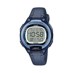 Blue Casio digital watch on a white background