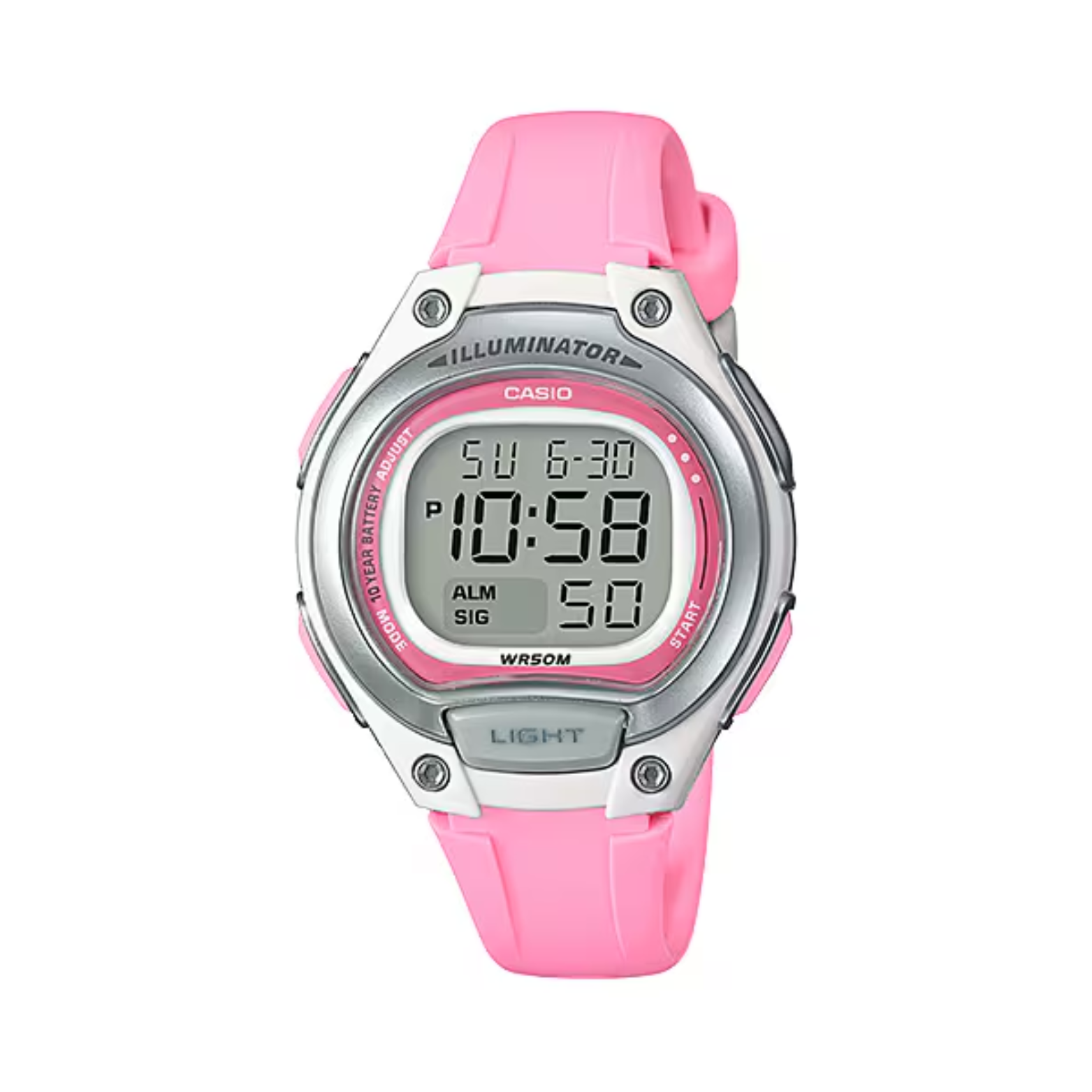 Pink digital watch with silver casing on a white background