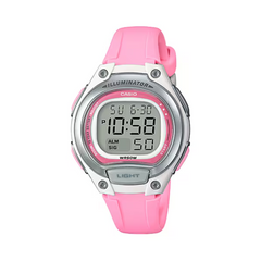 Pink digital watch with silver casing on a white background