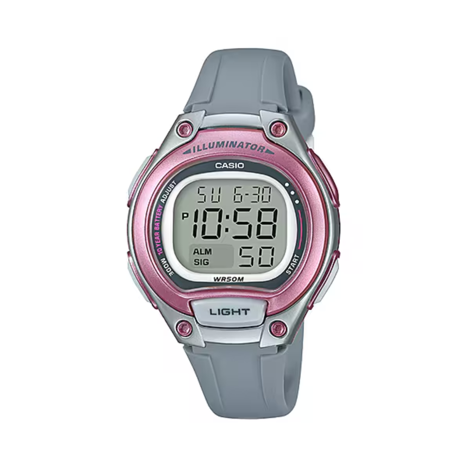 Digital watch with pink and gray design on a white background