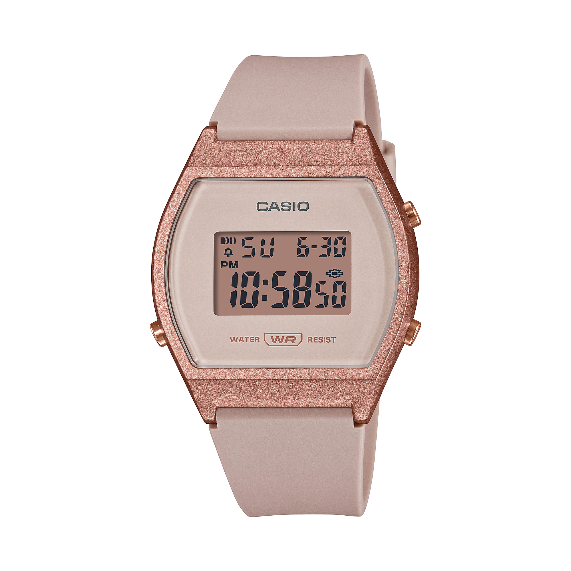 Casio digital watch with rose gold case and beige strap on a white background