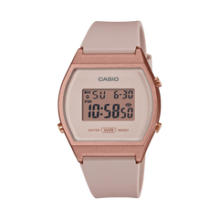 Casio digital watch with rose gold case and beige strap on a white background