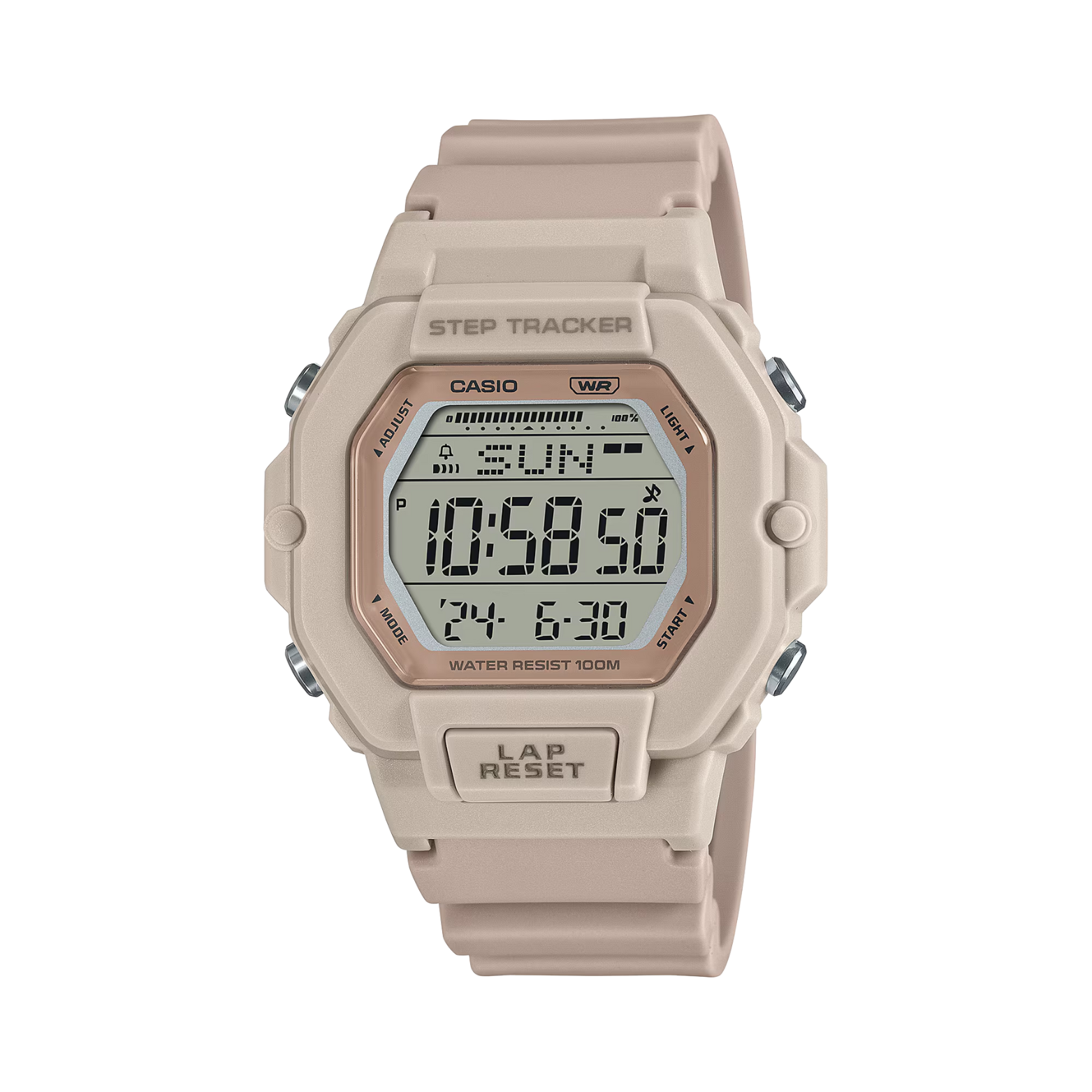 Beige Casio digital watch with step tracker on a white background