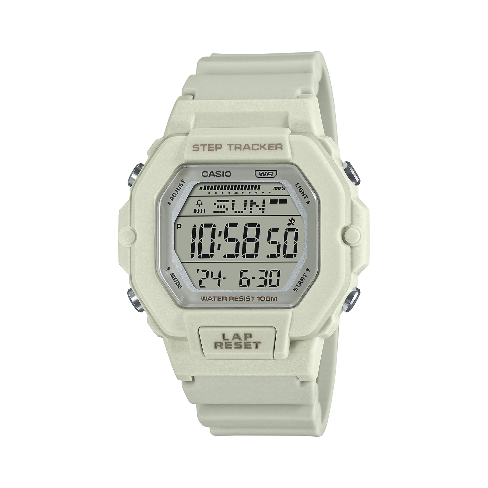 Digital watch with step tracker on a white background