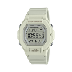 Digital watch with step tracker on a white background
