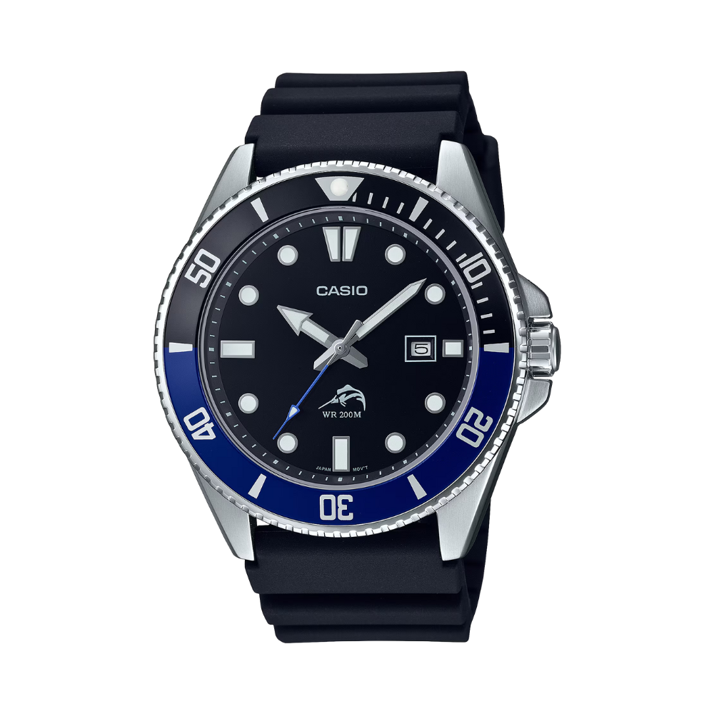 Casio watch with black strap and blue bezel on a white background