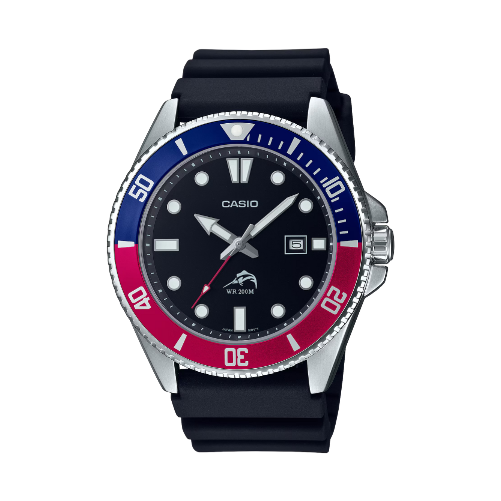 Casio watch with black strap, blue and red bezel on a white background