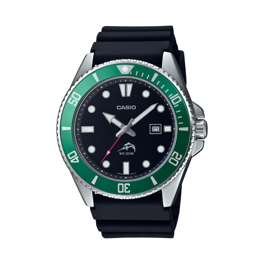 Casio watch with black strap and green bezel on a white background