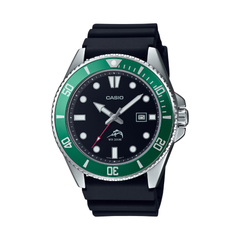Casio watch with black strap and green bezel on a white background