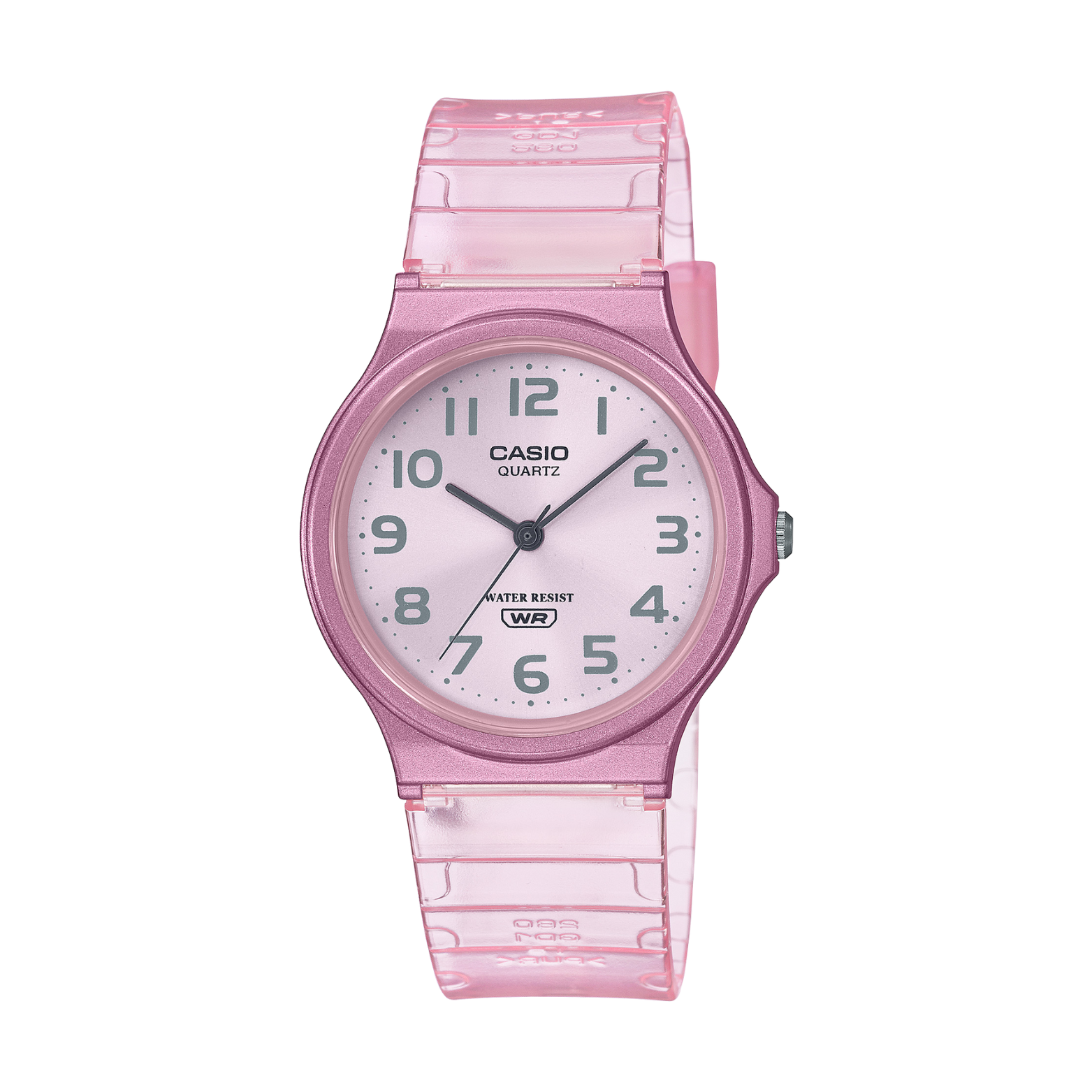 Pink Casio watch with a clear strap on a white background