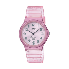 Pink Casio watch with a clear strap on a white background