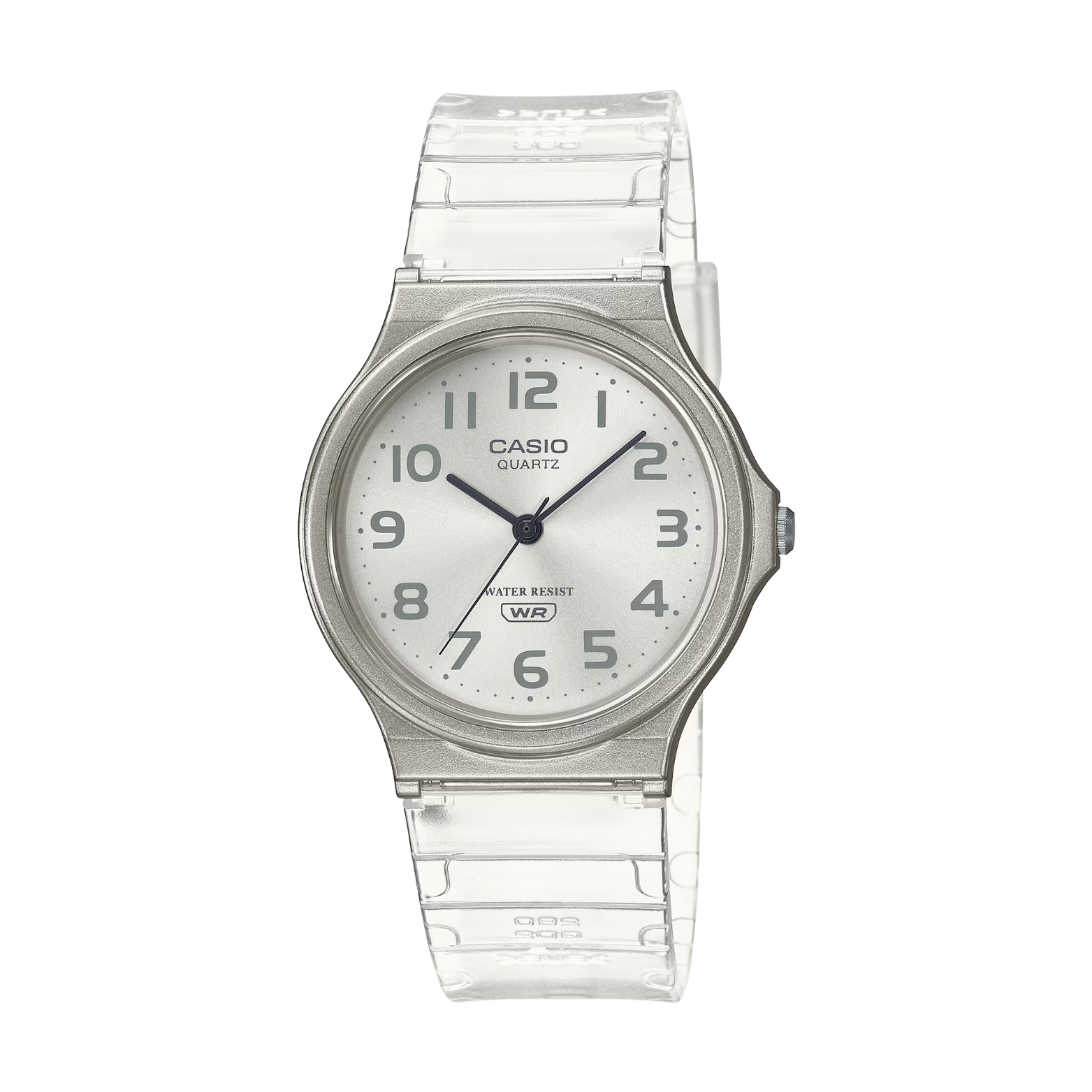 Casio watch with clear strap on a white background