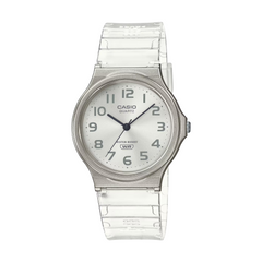 Casio watch with clear strap on a white background