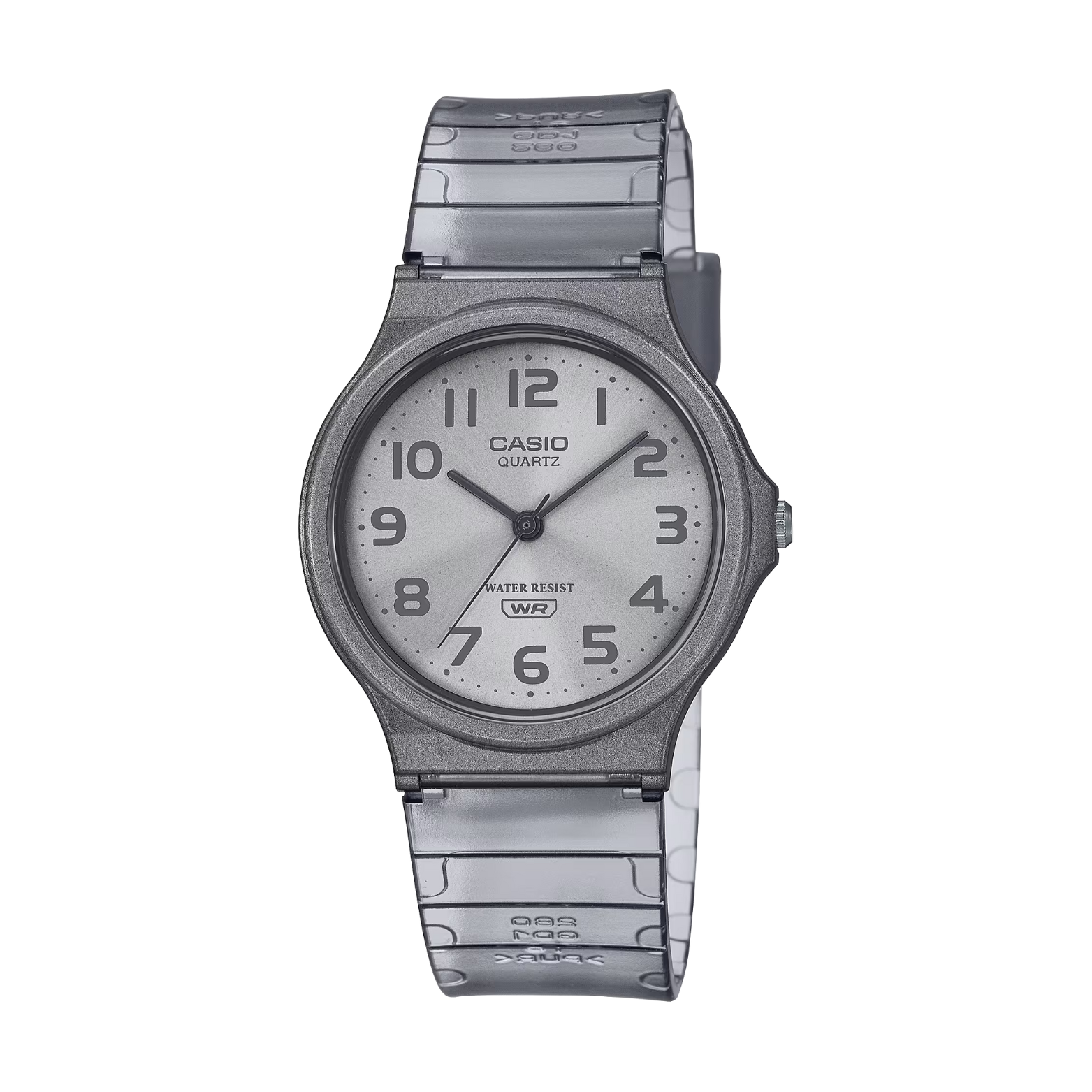Casio watch with a patterned band on a white background
