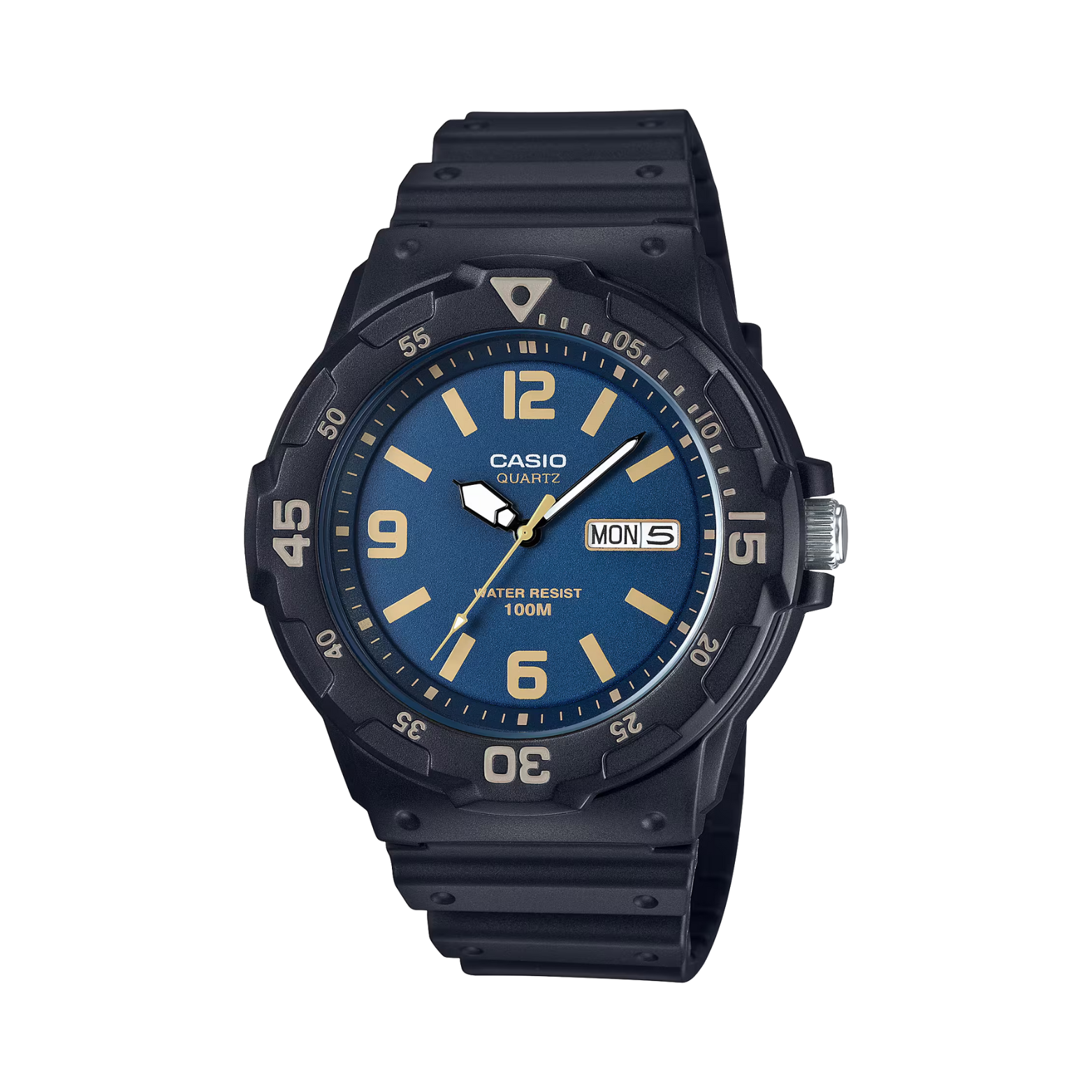 Black Casio watch with blue dial on a white background