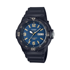 Black Casio watch with blue dial on a white background