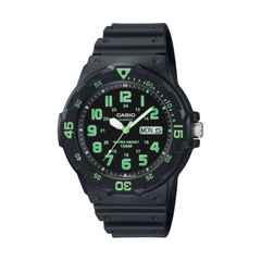 Black Casio watch with green digital display on a white background