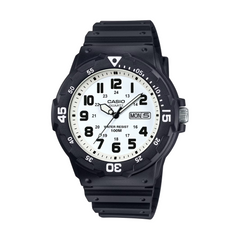 Black Casio watch with a white dial on a white background
