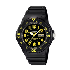 Black Casio watch with yellow text on a white background