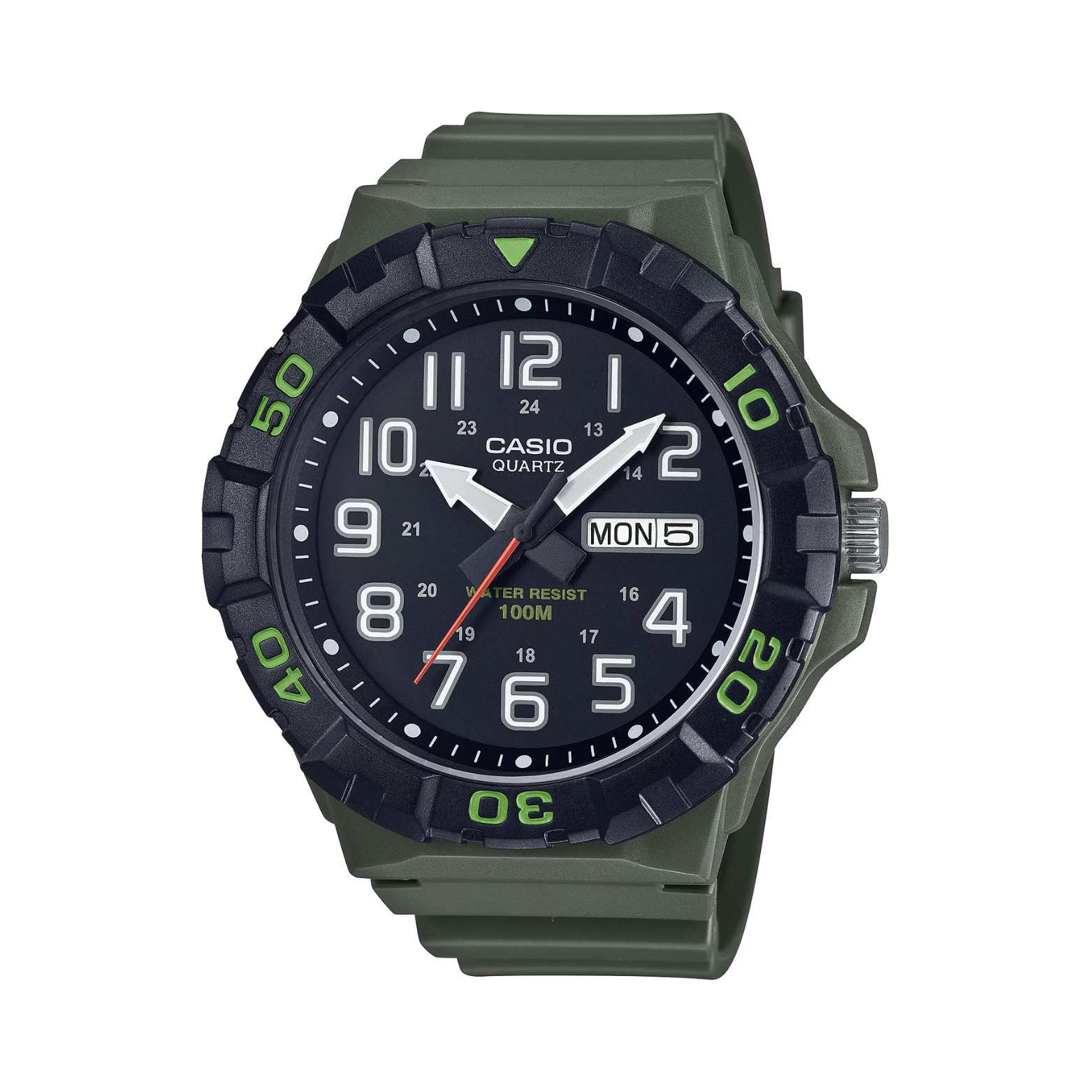 Casio watch with green strap and black dial on a white background