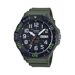 Casio watch with green strap and black dial on a white background