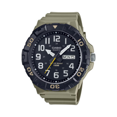 Casio watch with a black dial and beige band on a white background