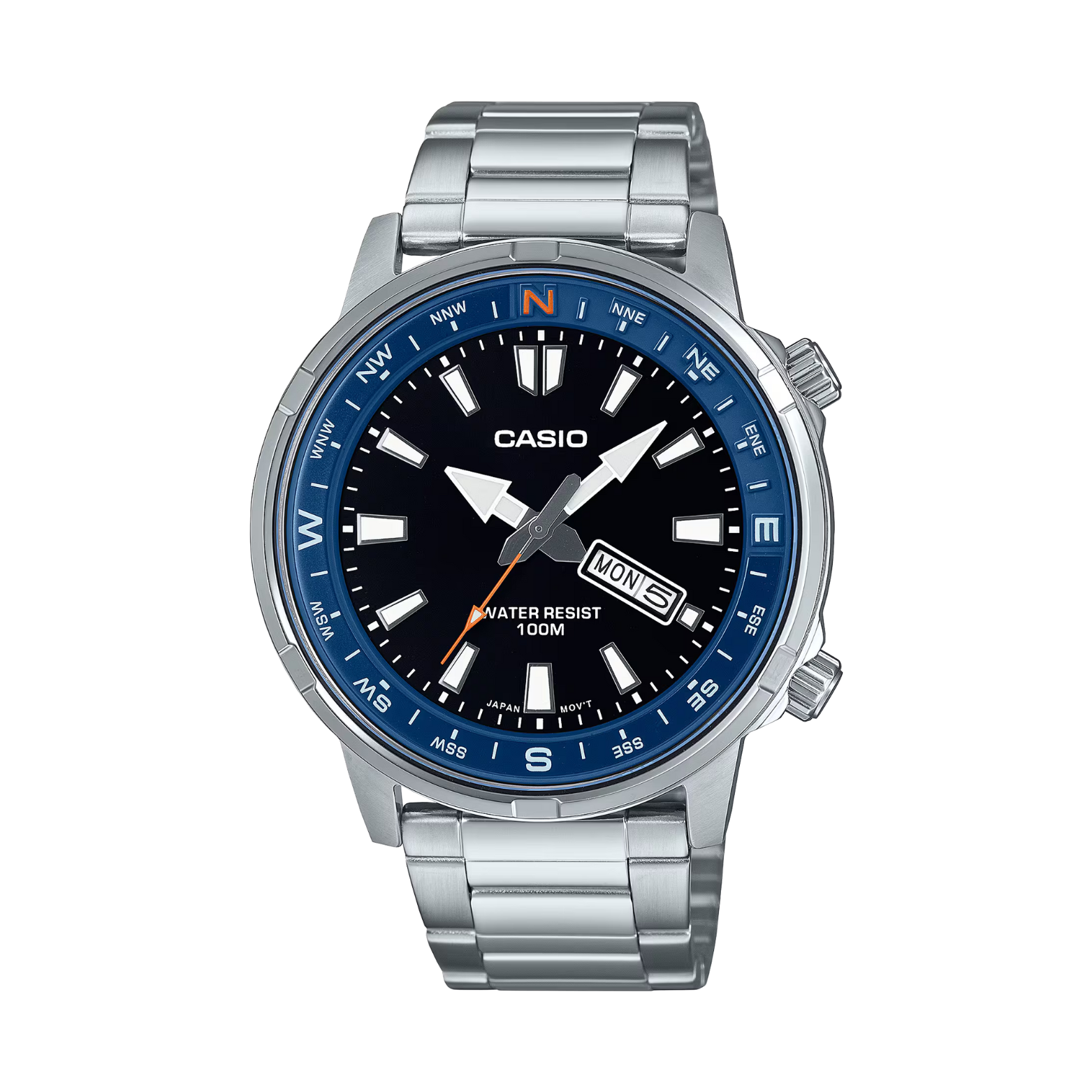 Casio watch with a silver strap and black dial on a white background