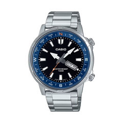 Casio watch with a silver strap and black dial on a white background